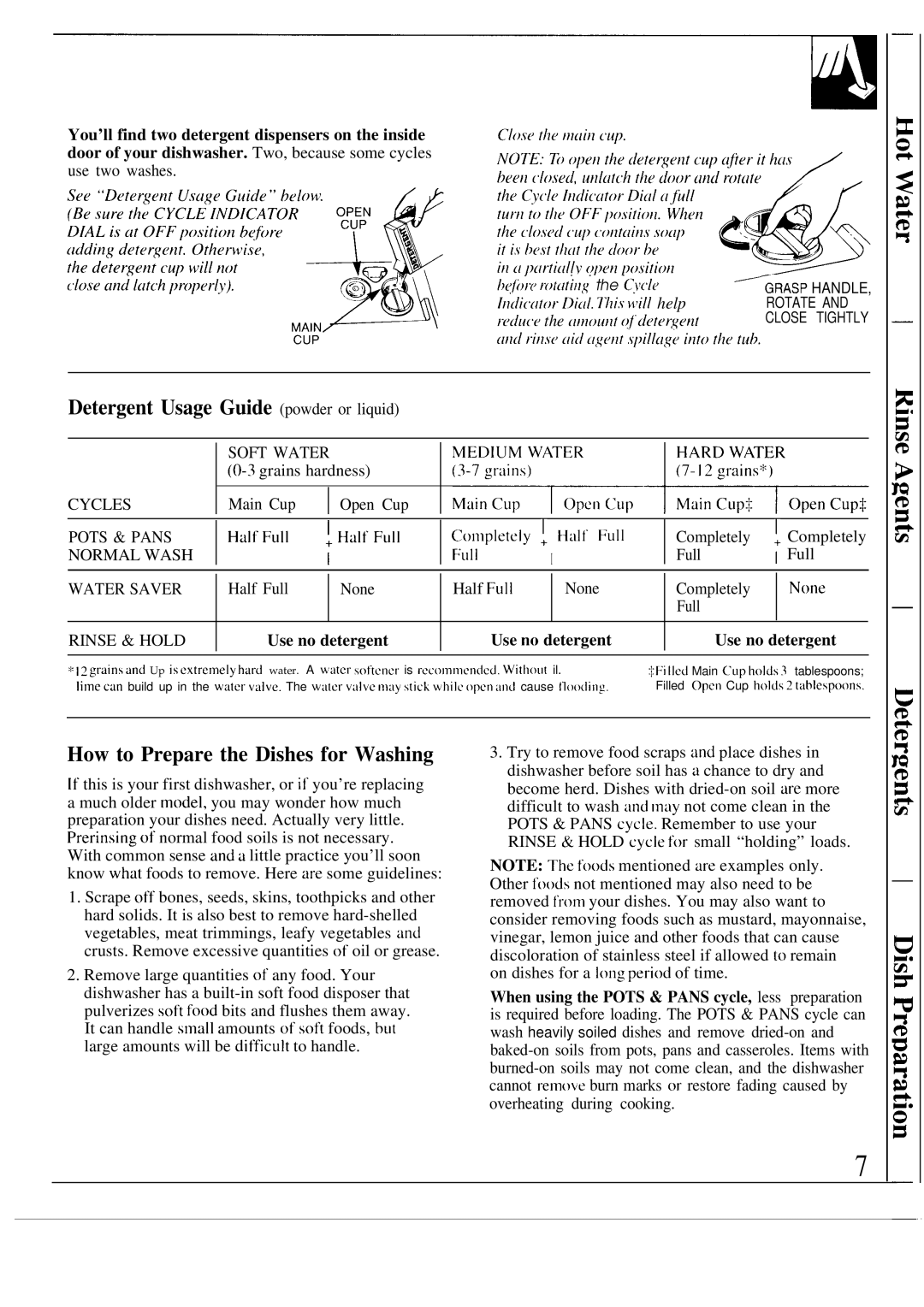 Hotpoint HDA750 warranty Detergent Usage Guide powder or liquid, How to Prepare the Dishes for Washing, Use no detergent 