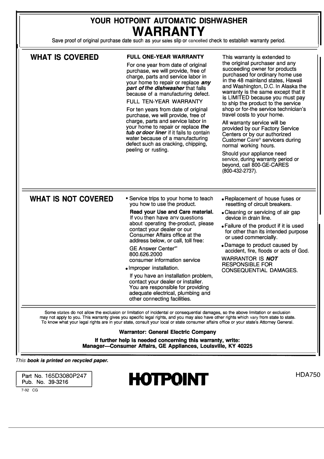 Hotpoint HDA750 Your Hotpoint Automatic Dishwasher, What Is Covered, Warranty, Full One-Yearwarranty 