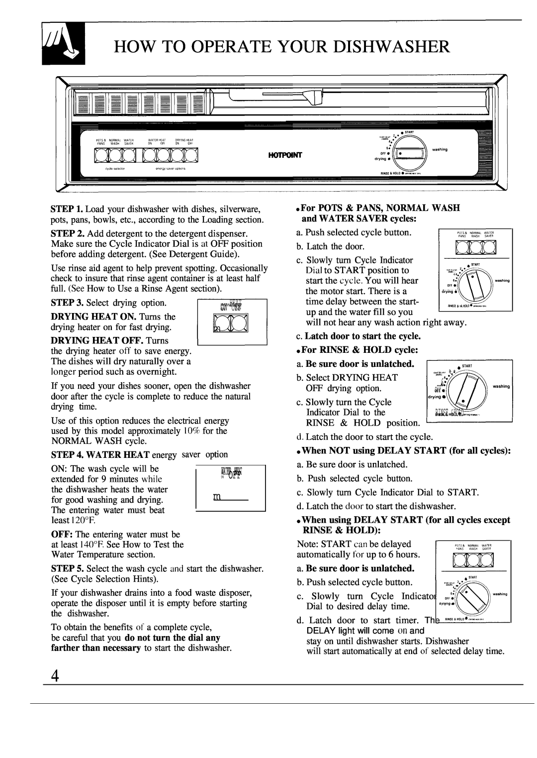Hotpoint HDA750 How To Operate Your Dishwasher, ON OFF m, Drying Heat, DRYING HEAT OFF. Turns, For RINSE & HOLD cycle 