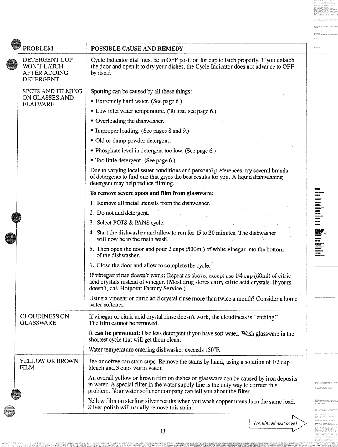 Hotpoint HDA797, HDA787 warranty Possiblecauseandremedy, Toremoveseverespo~ andfilm fromglassware 