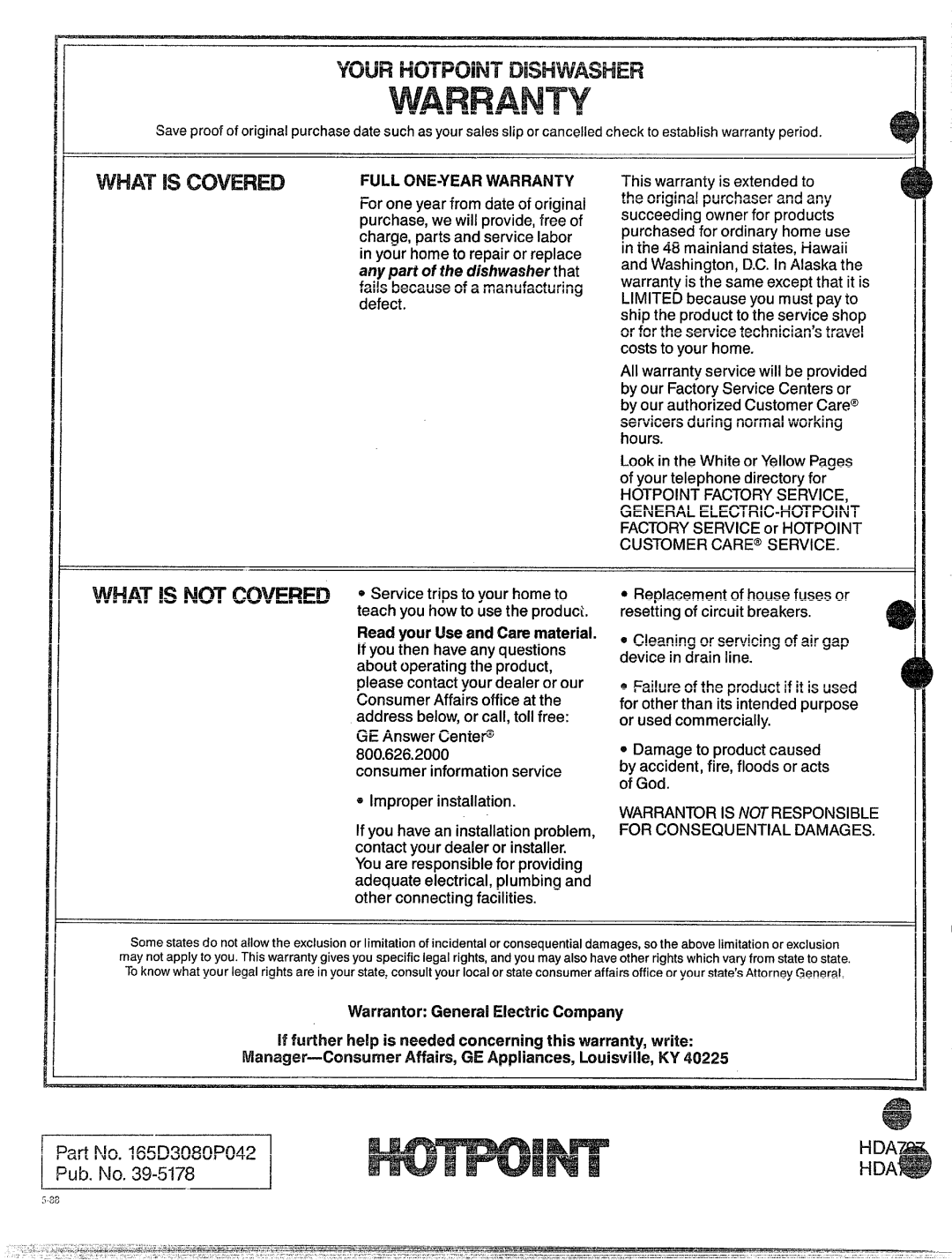 Hotpoint HDA787, HDA797 warranty Warranty, Hda 