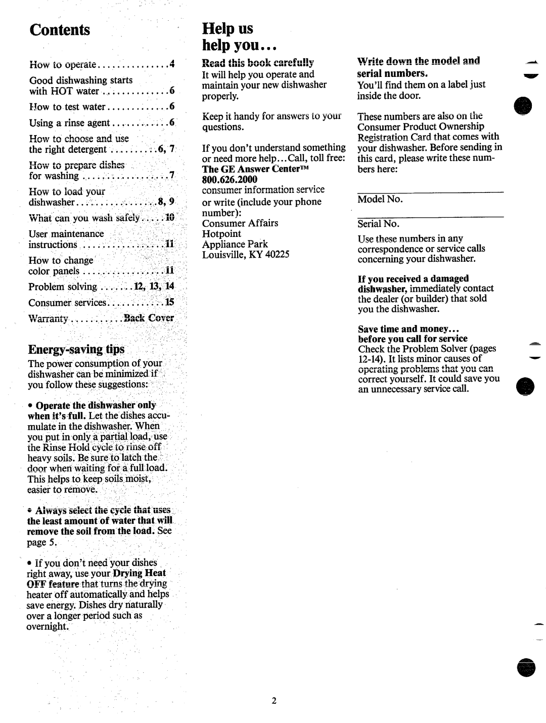 Hotpoint HDA795 manual HelpUS helpyous, Energy-satingtips ~~‘, Readthisbook carefully, Writedownthe modeland serialnumbers 