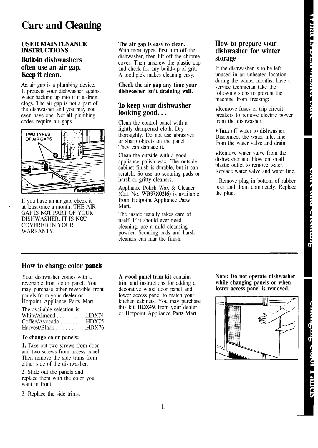 Hotpoint HDA799M warranty Care and Cleatiq, How to prepare your dishwasher for winter storage, How to change color paneh 