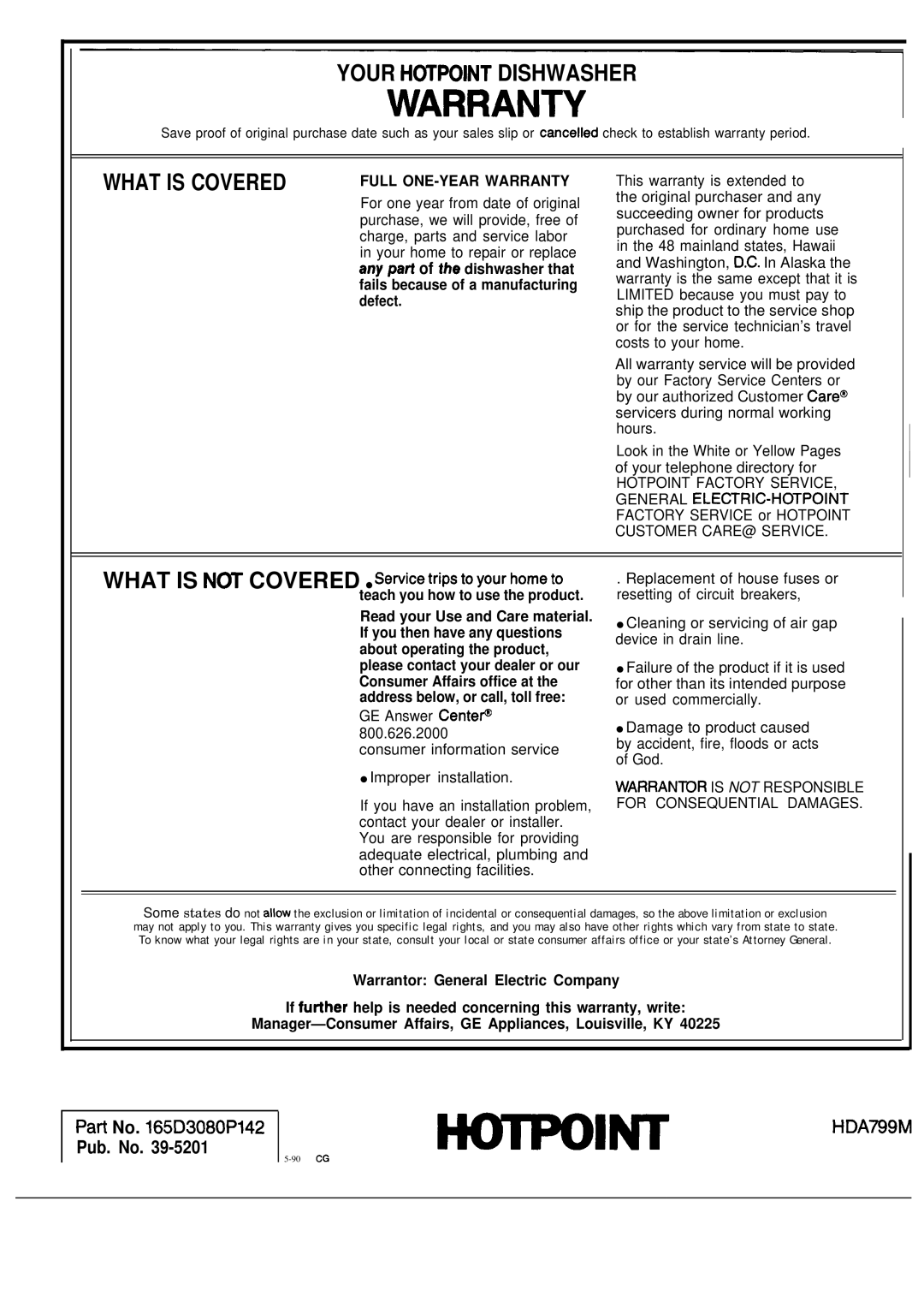 Hotpoint HDA799M warranty Warran~ 