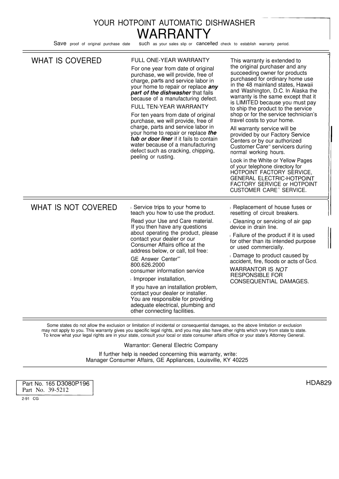 Hotpoint HDA829 warranty Warranty 