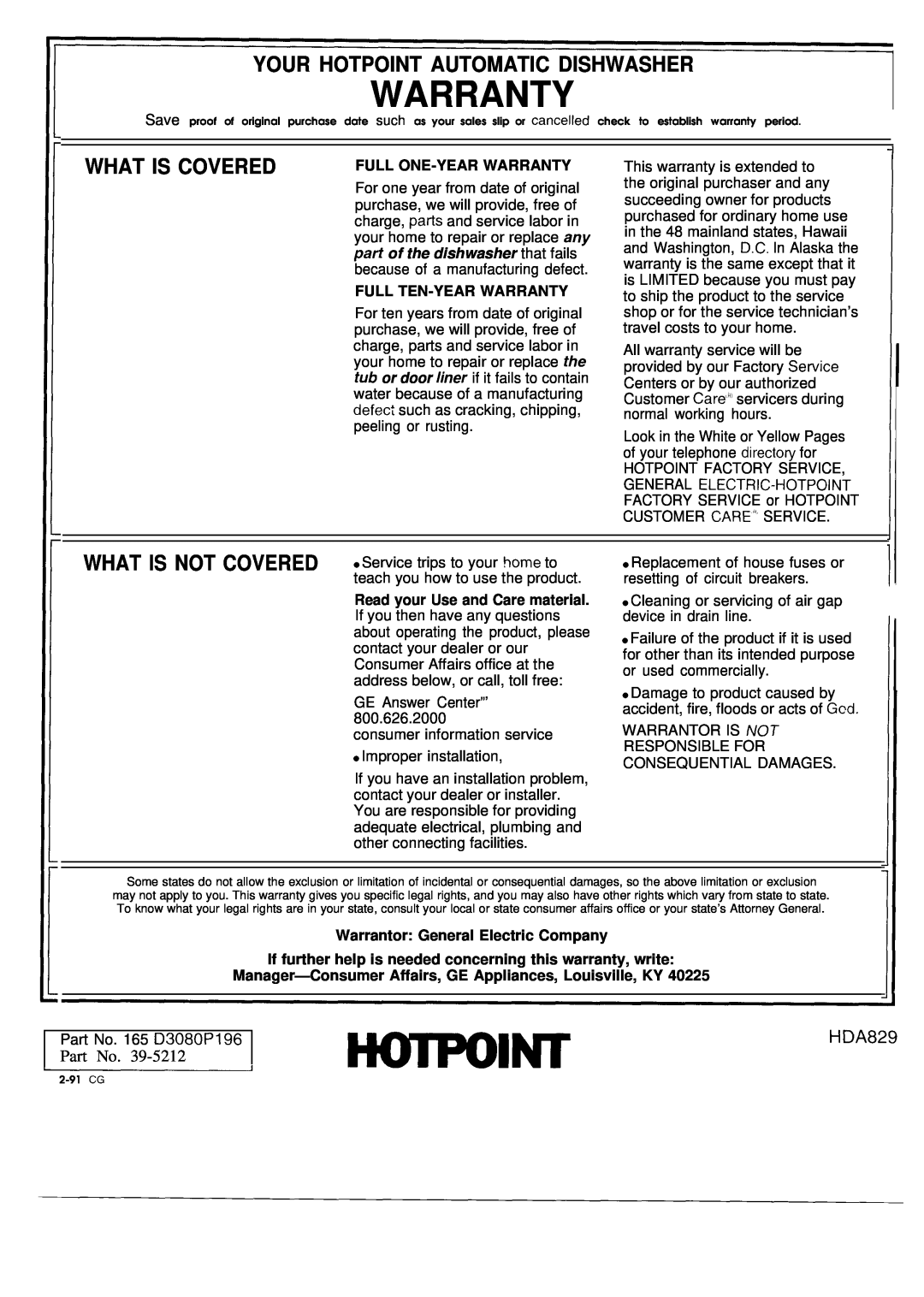 Hotpoint HDA829 Warranty, Your Hotpoint Automatic Dishwasher, What Is Covered, Full One-Yearwarranty 