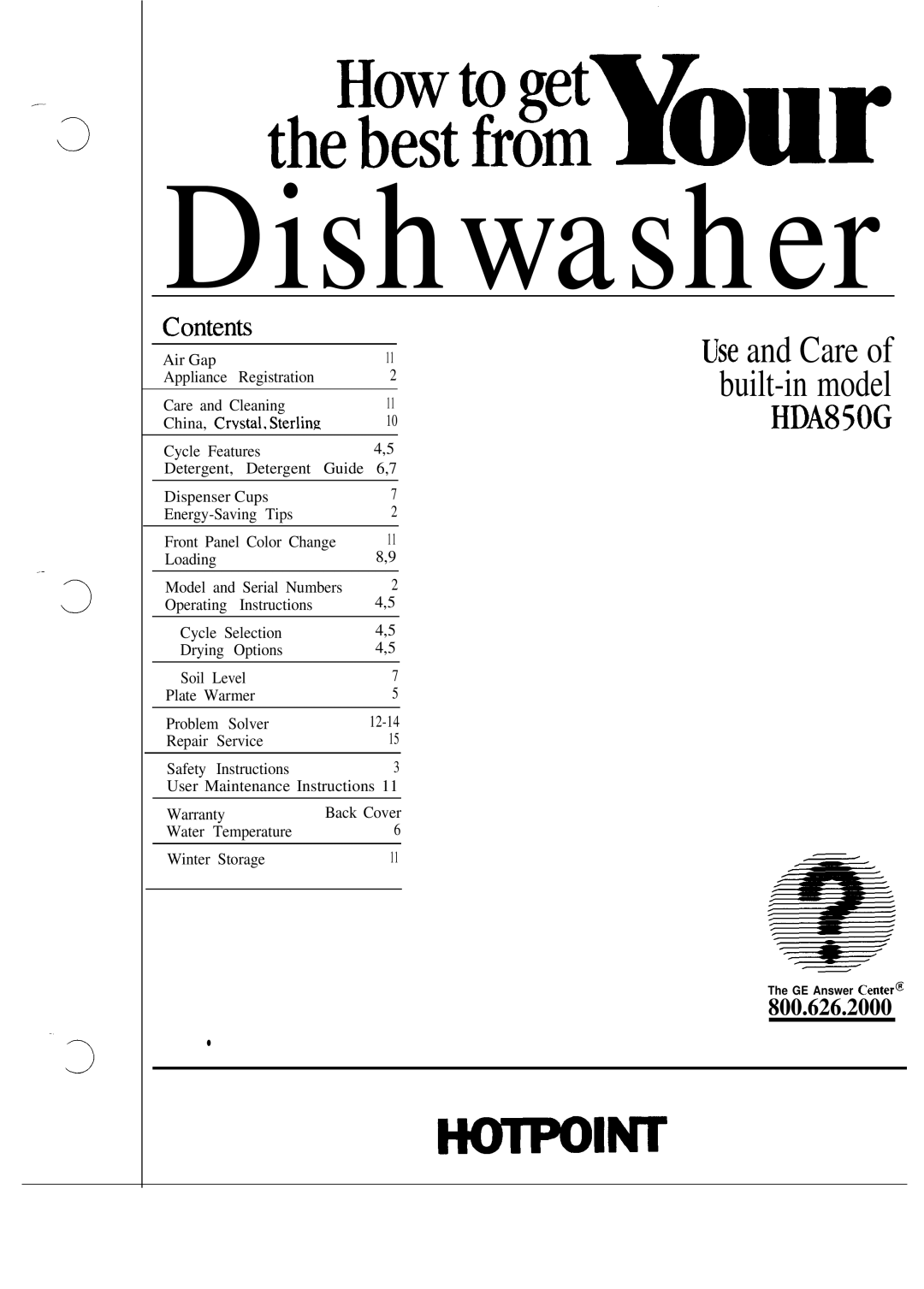 Hotpoint HDA850G warranty Dishwasher 