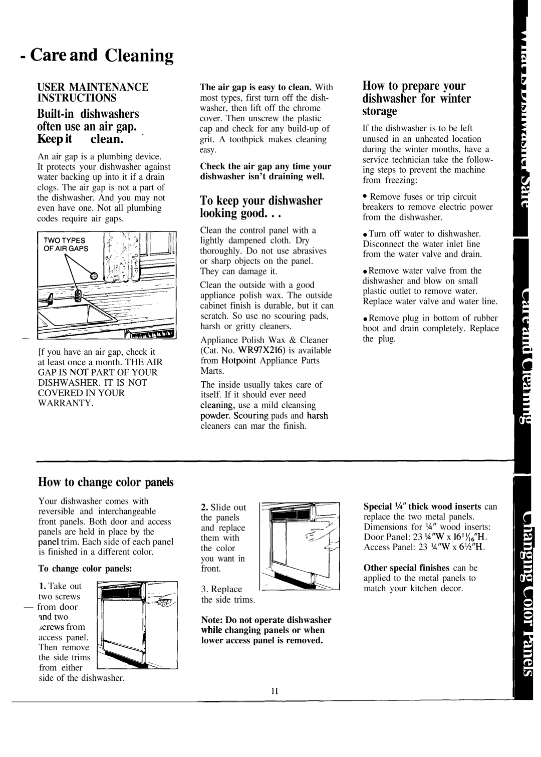 Hotpoint HDA850G warranty Careand Cleaning, How to change color panek, How to prepare your dishwasher for winter storage 