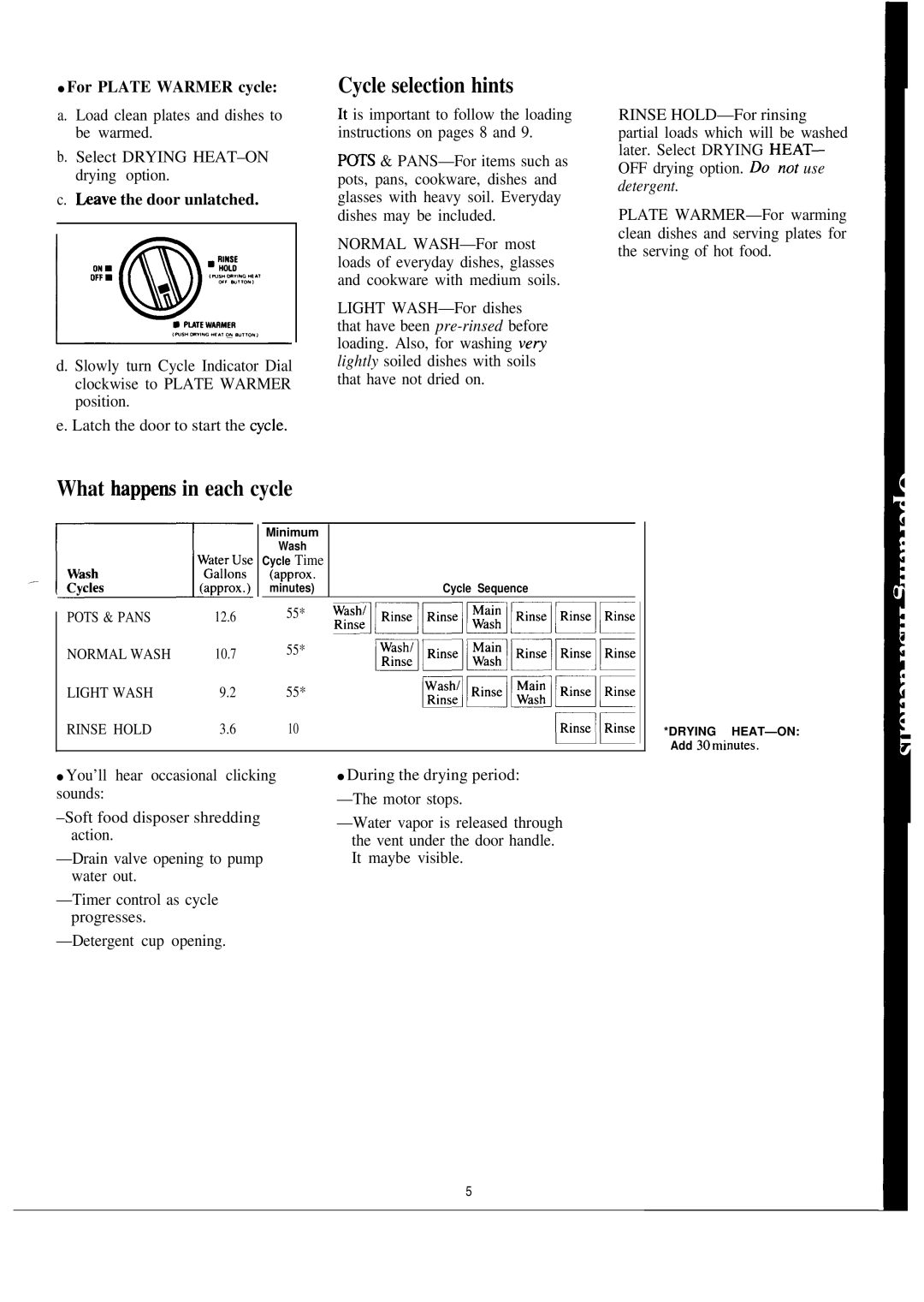 Hotpoint HDA850G warranty Cycle selection hints, What happem in each cycle, For Plate Warmer cycle, Bave the door unlatched 