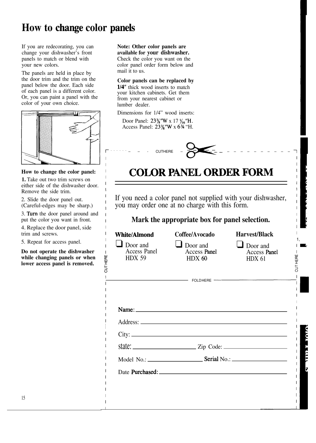 Hotpoint HDA950G manual How to chaWe color panek, Wte/Ahnond, Mark the appropriate box for panel selection 