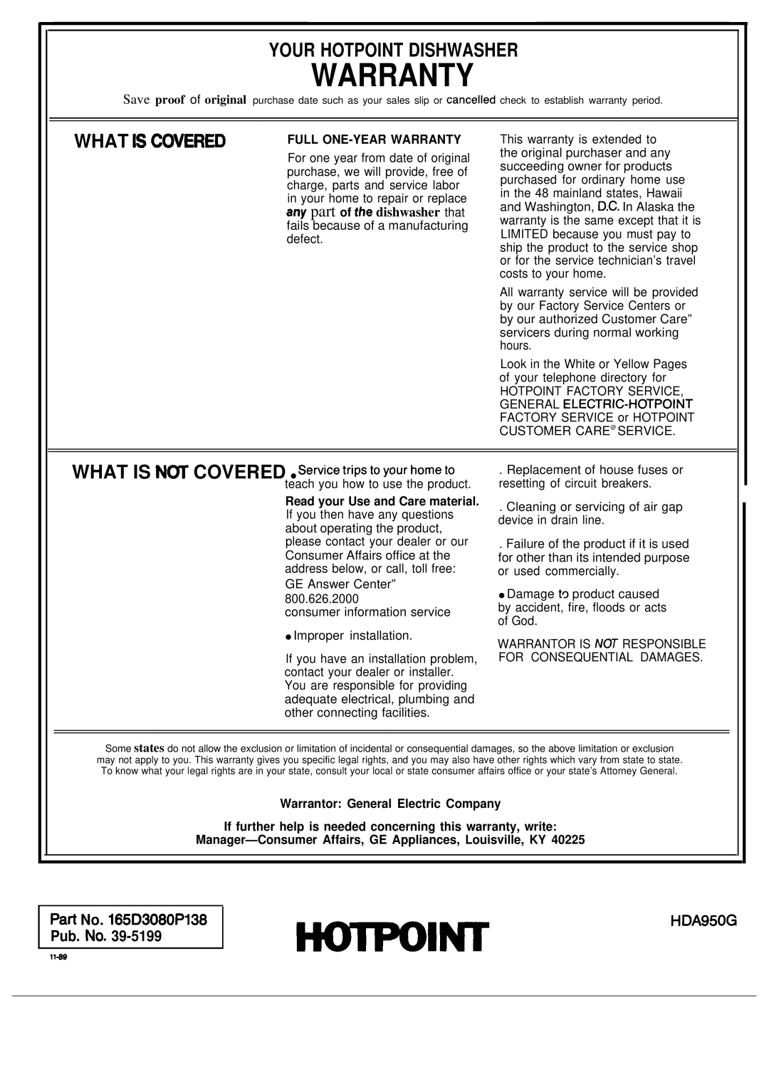 Hotpoint HDA950G manual Warranty 