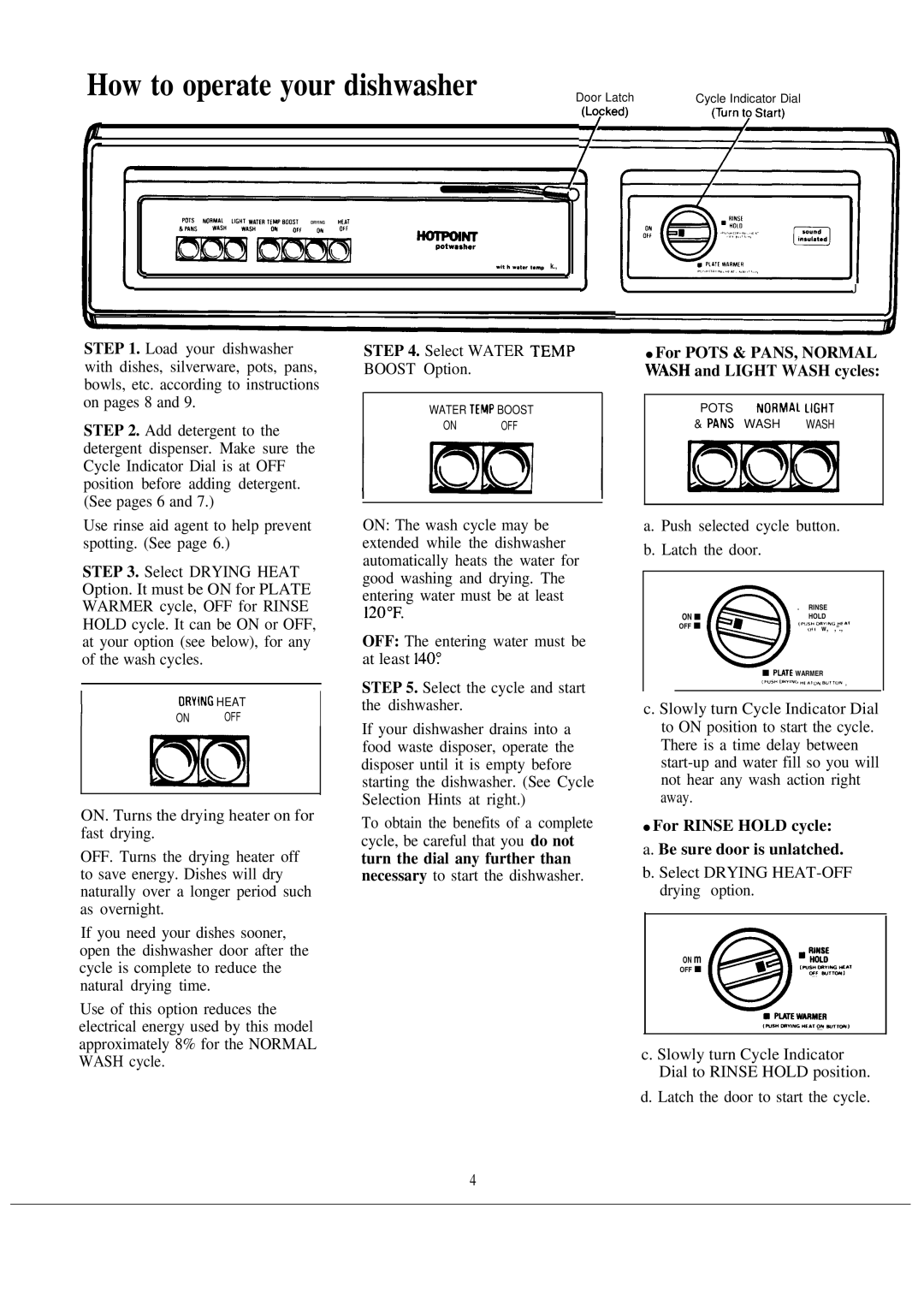 Hotpoint HDA950G manual For Pots & PANS, Normal Wash and Light Wash cycles, For Rinse Hold cycle Be sure door is unlatched 