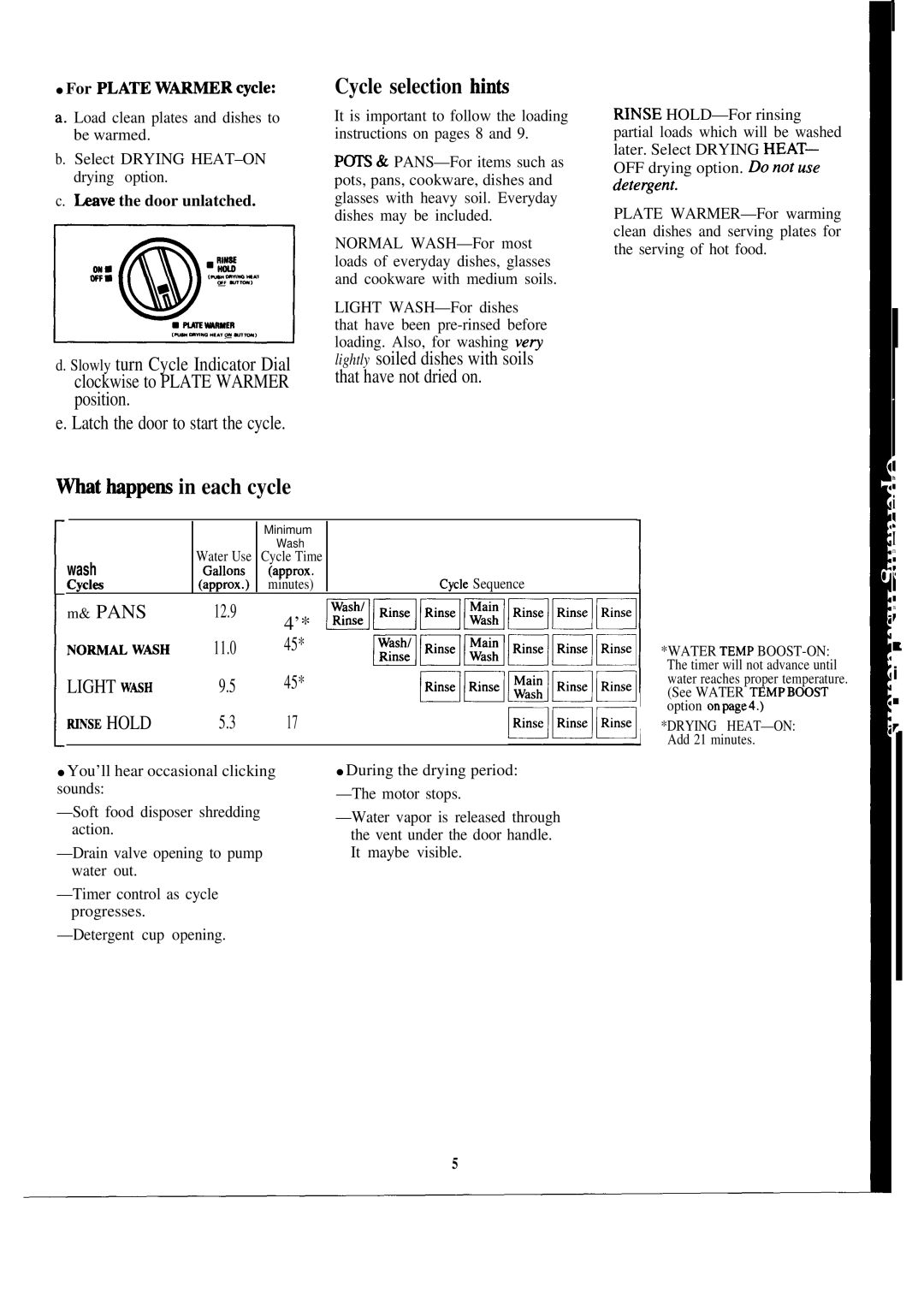 Hotpoint HDA950G manual Cycle selection hinfi, Thppens in each cycle, For PLA~ W~Rcycle, Hve the door unlatched 