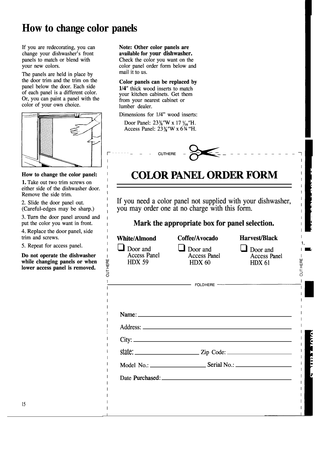 Hotpoint HDA950G manual How to chaWe color panek, you may order one at no charge with this form, Wte/Ahnond, state 