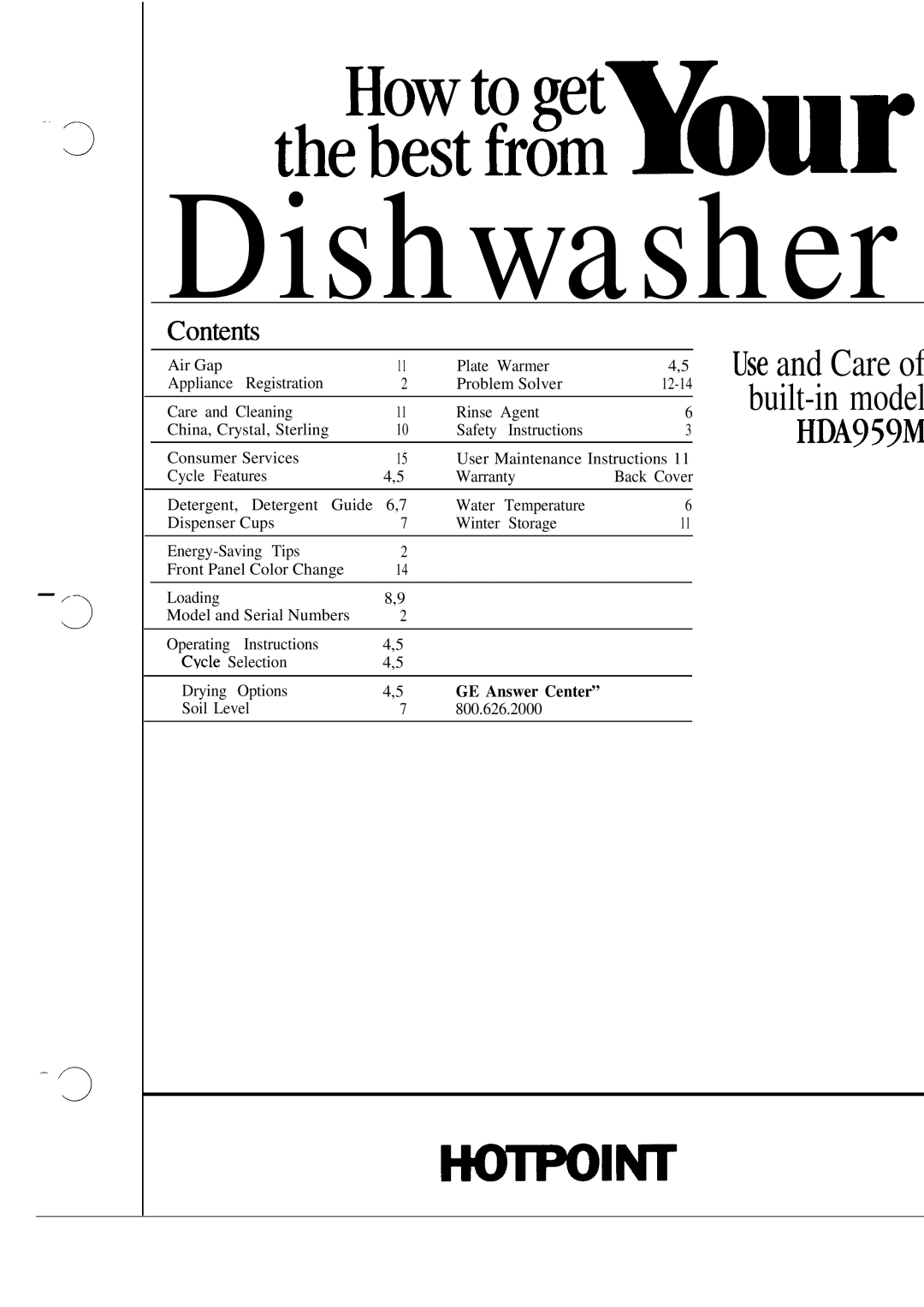 Hotpoint HDA959M warranty Dishwasher, GE Answer Center 