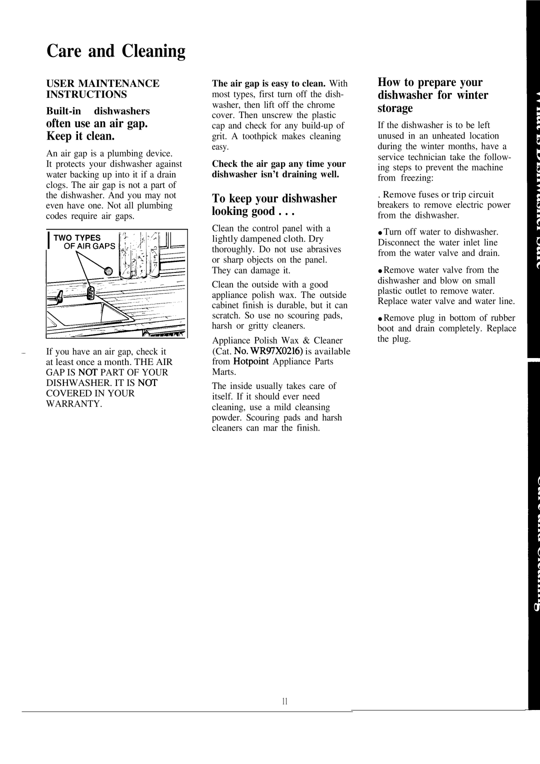 Hotpoint HDA959M Care and Cleaning, Often use an air gap. Keep it clean, How to prepare your dishwasher for winter storage 