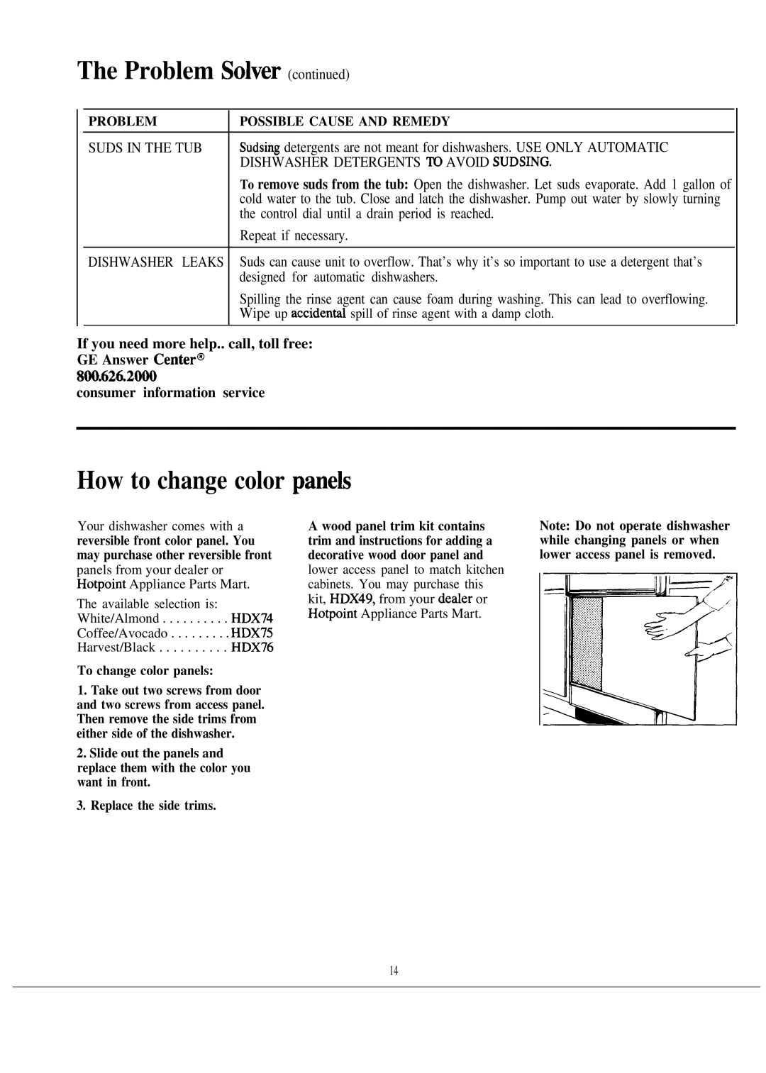 Hotpoint HDA959M warranty Problem Solver, How to change color panek, Suds in the TUB, Dishwasher Detergents ~ Avoid Sudsing 