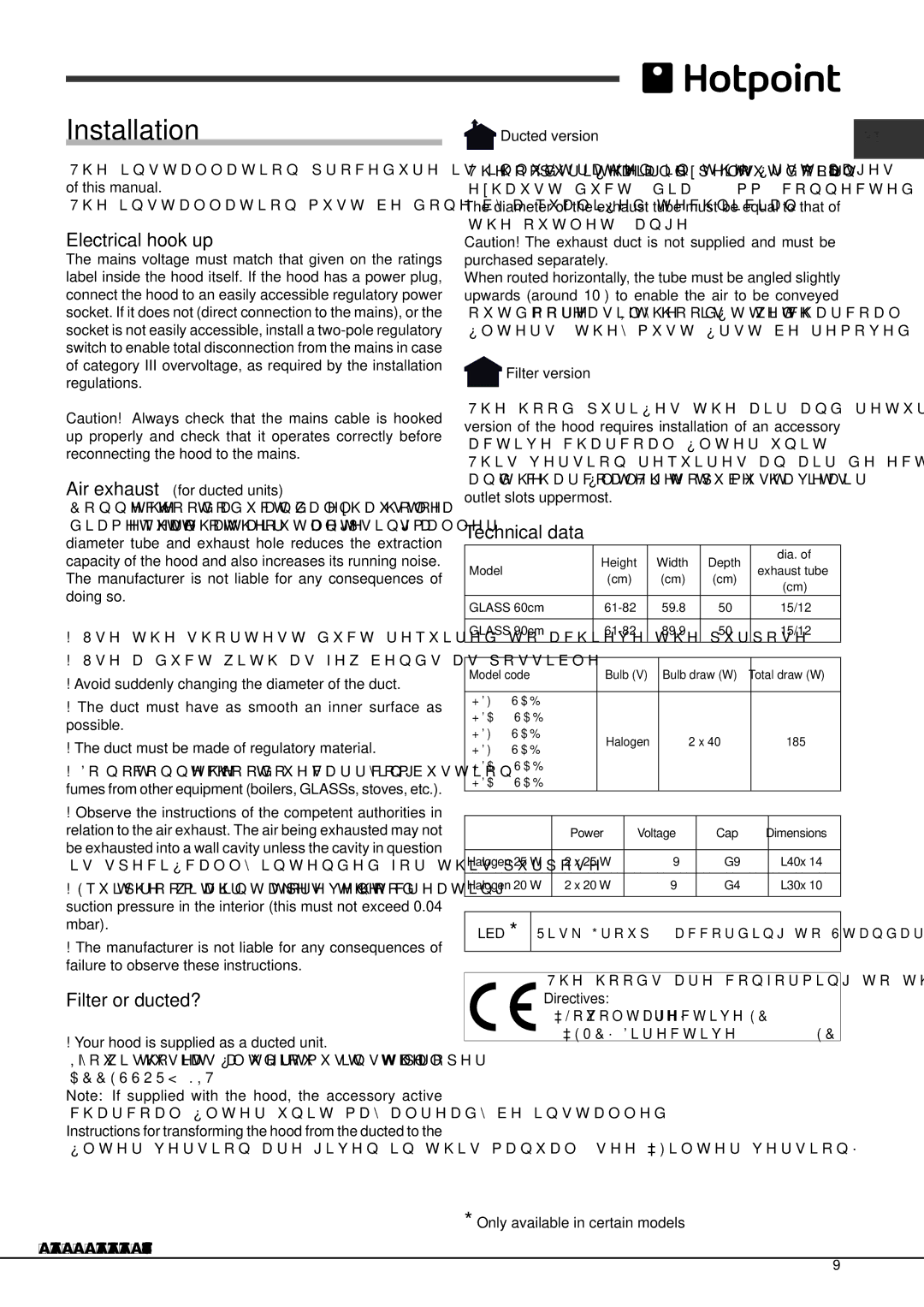 Hotpoint HDF6.5SAB, HDA9.5SAB, HDF9.5SAB, HDF7.5SAB manual Installation, Electrical hook up, Filter or ducted?, Technical data 