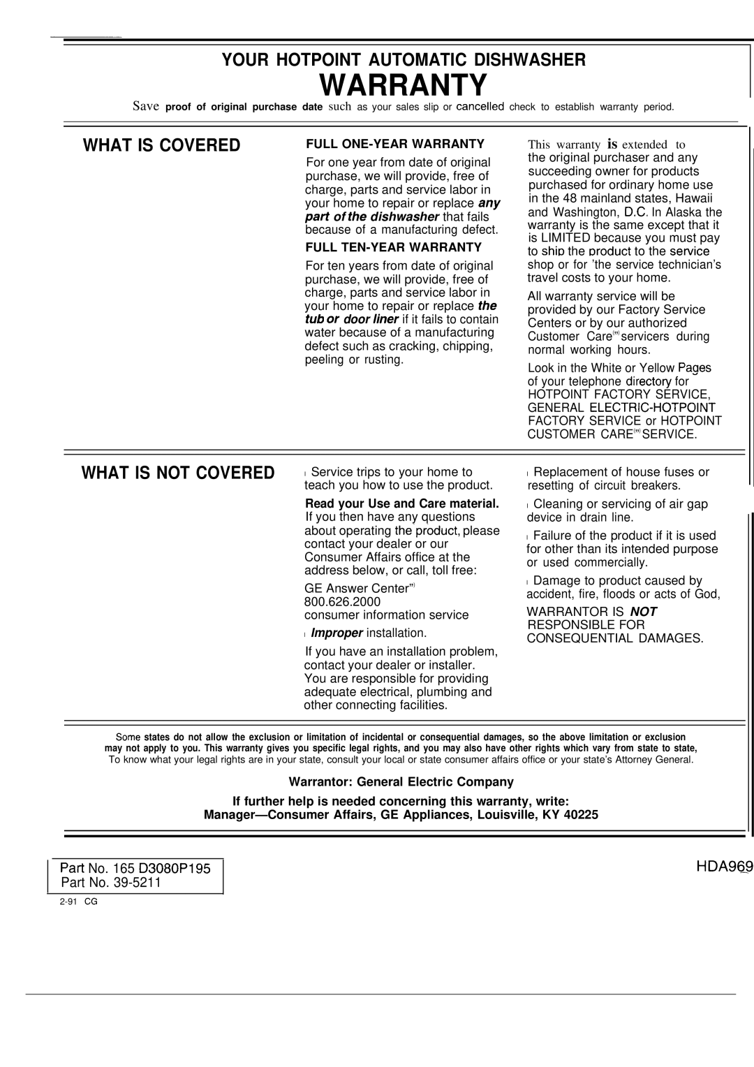 Hotpoint HDA969 warranty Warranty 