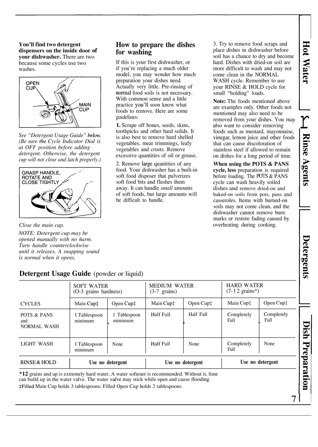 Hotpoint HDA969 warranty How to prepare the dishes for washing, Detergent Usage Guide powder or liquid, Use no detergent 