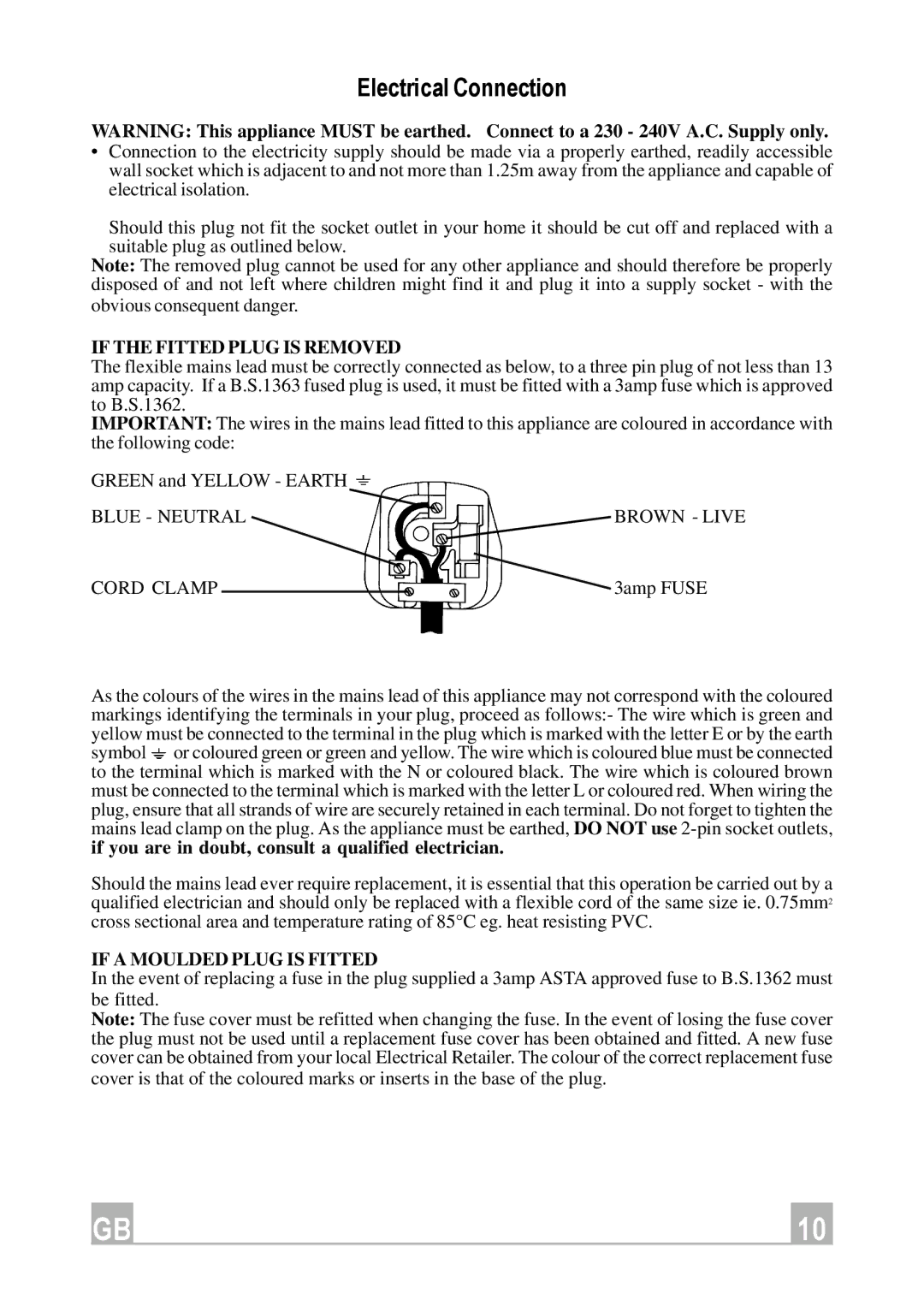 Hotpoint HDI90X manual Electrical Connection, If the Fitted Plug is Removed 