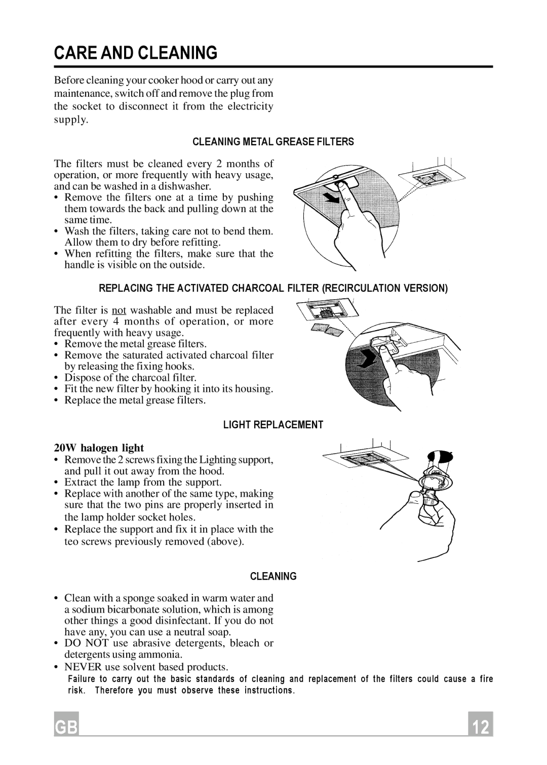 Hotpoint HDI90X manual Care and Cleaning, Cleaning Metal Grease Filters, Light Replacement 