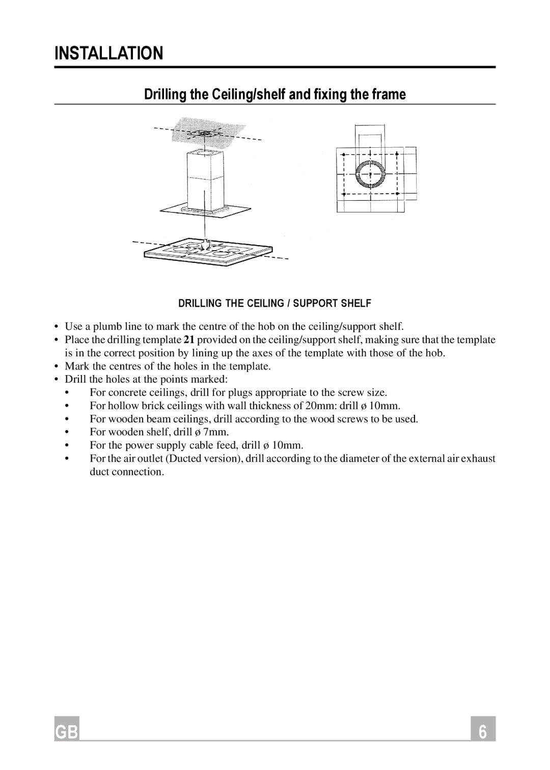 Hotpoint HDI90X manual Drilling the Ceiling/shelf and fixing the frame, Drilling the Ceiling / Support Shelf 