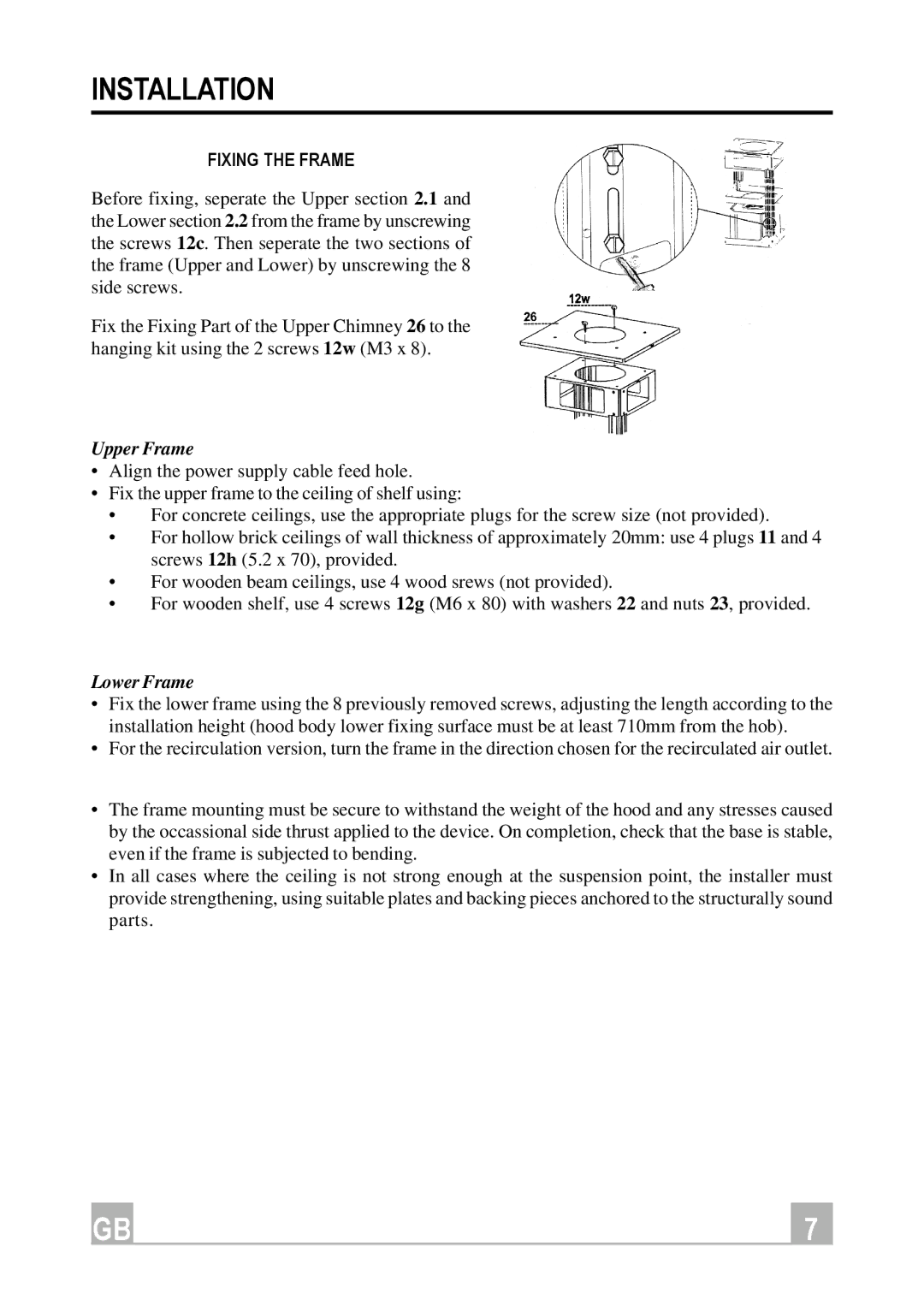 Hotpoint HDI90X manual Fixing the Frame, Upper Frame 