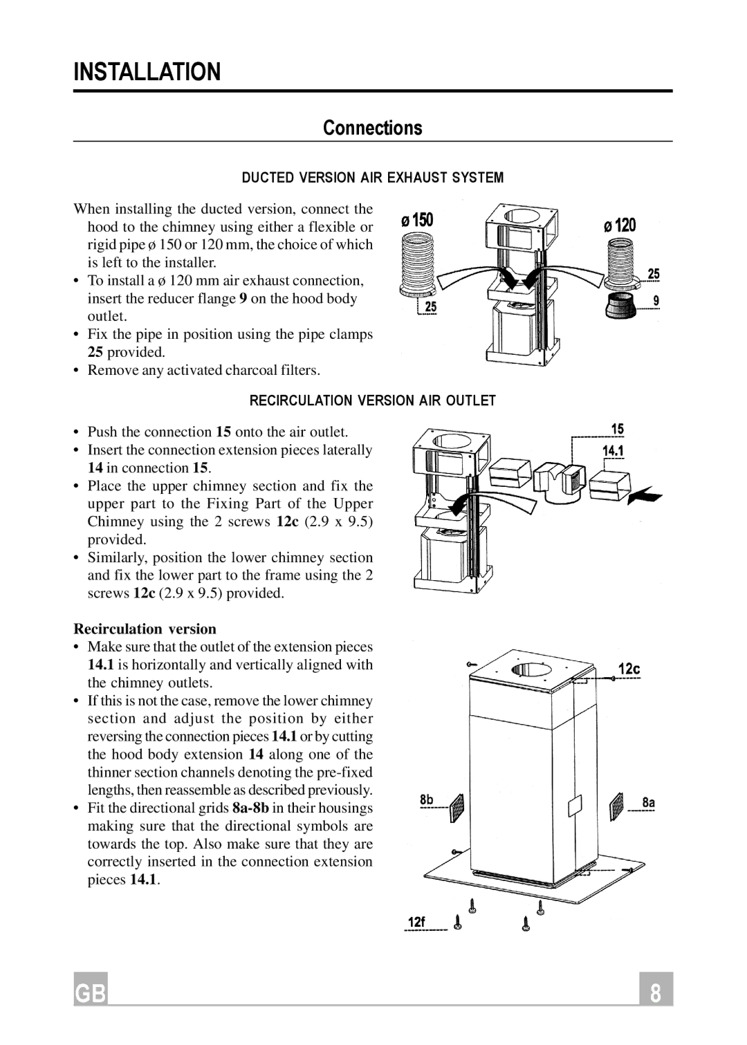 Hotpoint HDI90X manual Connections, Ducted Version AIR Exhaust System, Recirculation Version AIR Outlet 