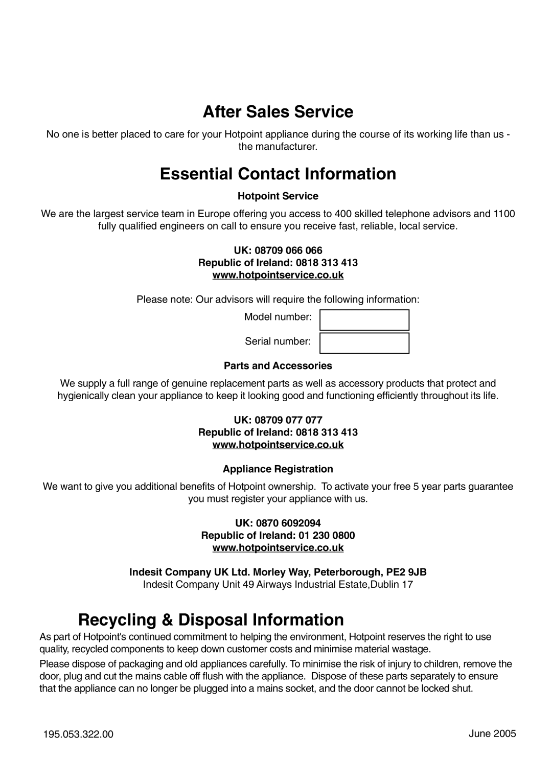 Hotpoint HDR190I manual After Sales Service 