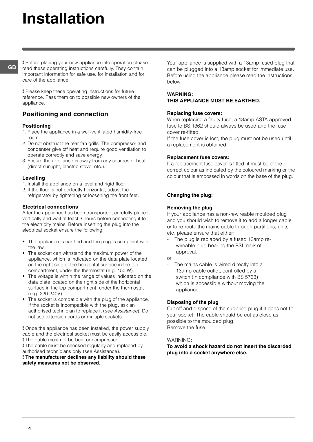 Hotpoint HDR190I manual Installation, Positioning and connection 