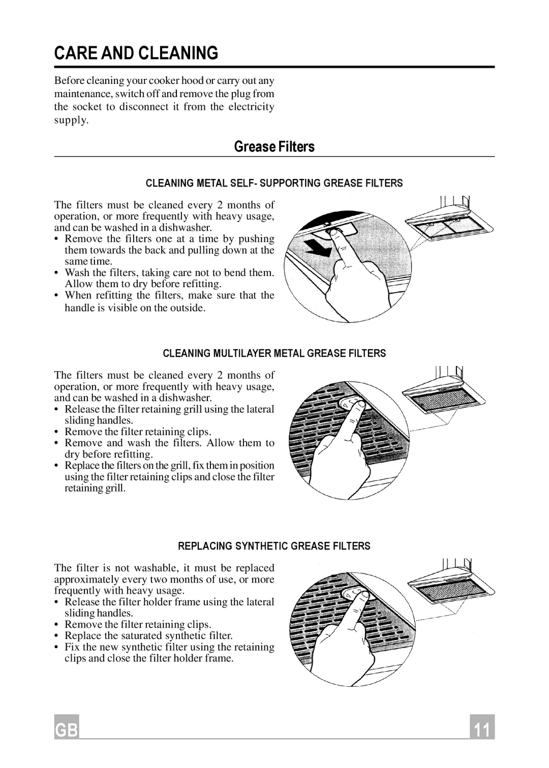 Hotpoint HE91 Care and Cleaning, Cleaning Metal SELF- Supporting Grease Filters, Replacing Synthetic Grease Filters 