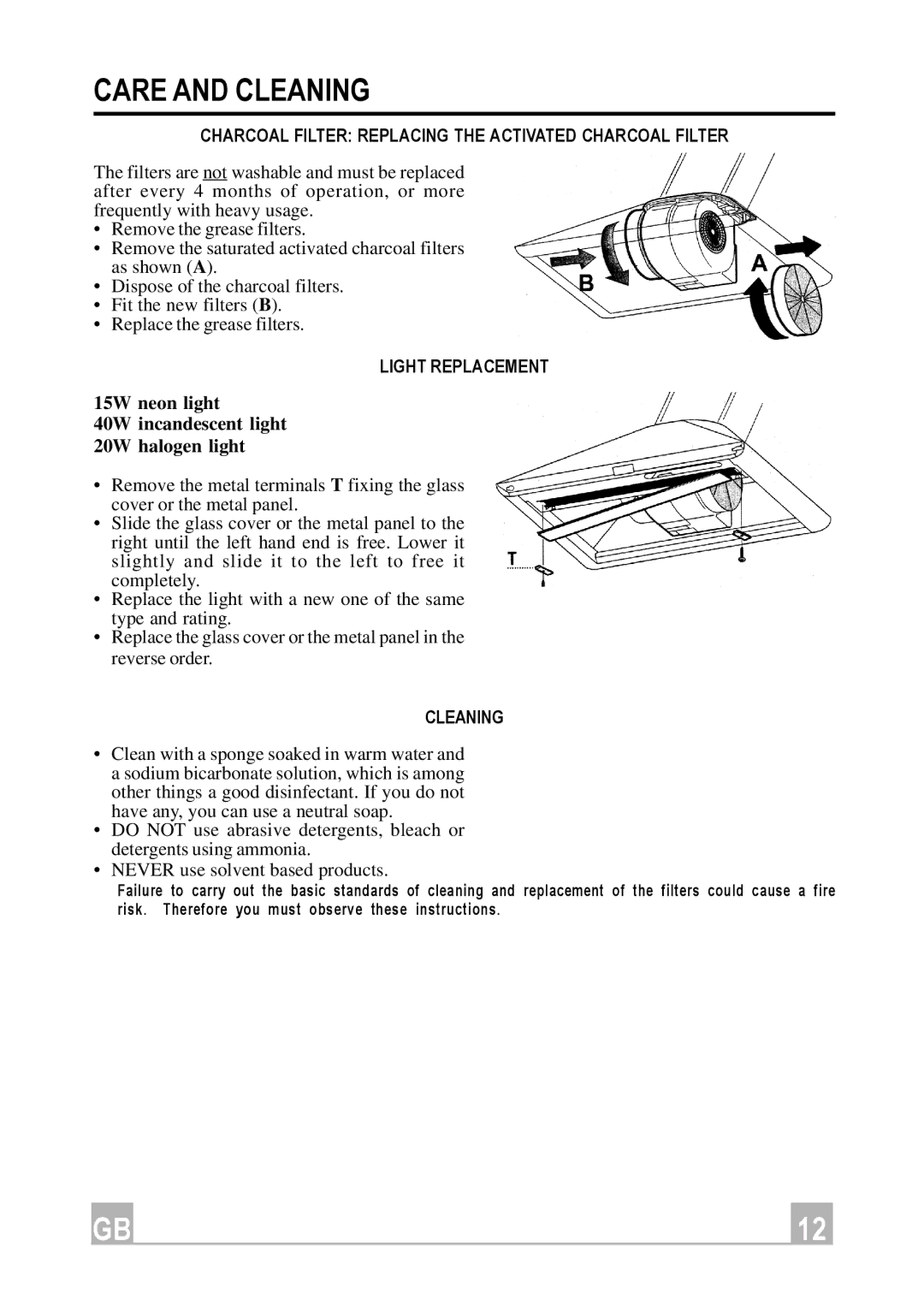 Hotpoint HE61, HE91 manual Charcoal Filter Replacing the Activated Charcoal Filter, Light Replacement, Cleaning 