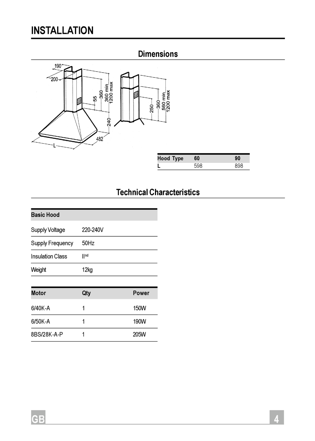 Hotpoint HE61, HE91 manual Installation, Dimensions, Technical Characteristics 