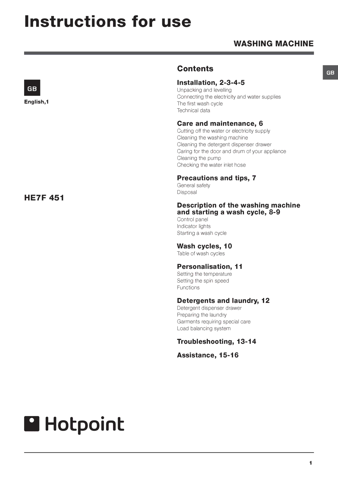 Hotpoint HE7F451 manual Instructions for use, Contents 