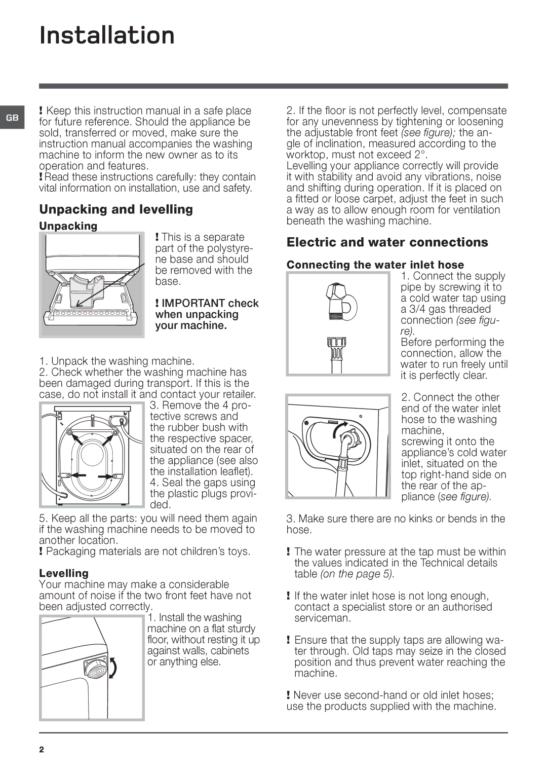 Hotpoint HE7F451 manual Unpacking and levelling, Electric and water connections 