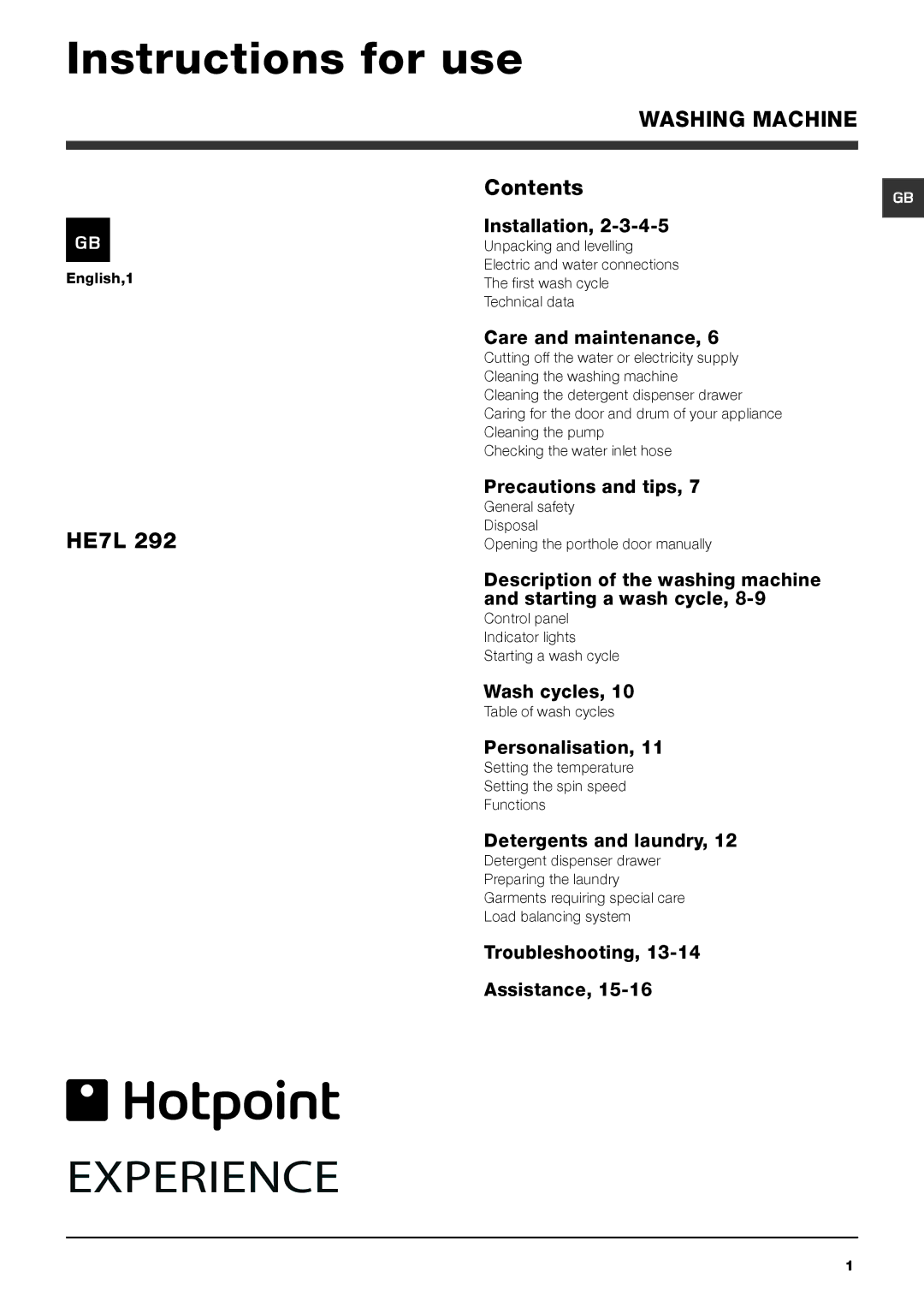 Hotpoint HE7L 292 manual Instructions for use, Contents 