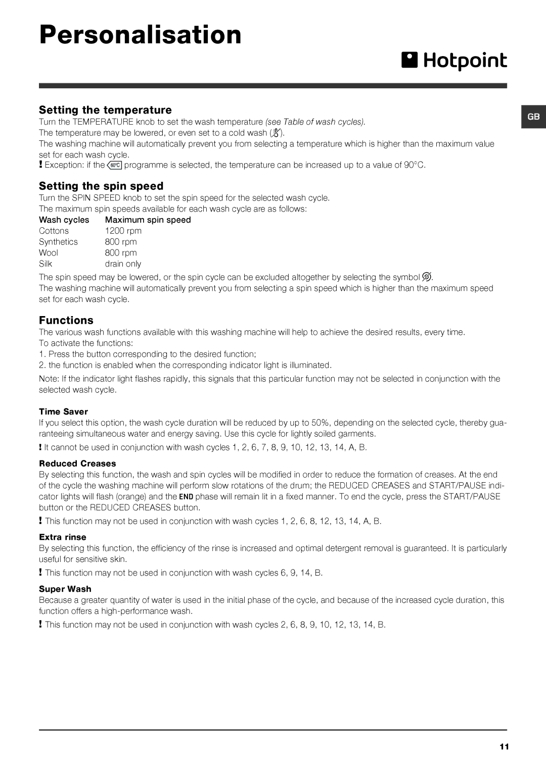 Hotpoint HE7L 292 manual Personalisation, Setting the temperature, Setting the spin speed, Functions 