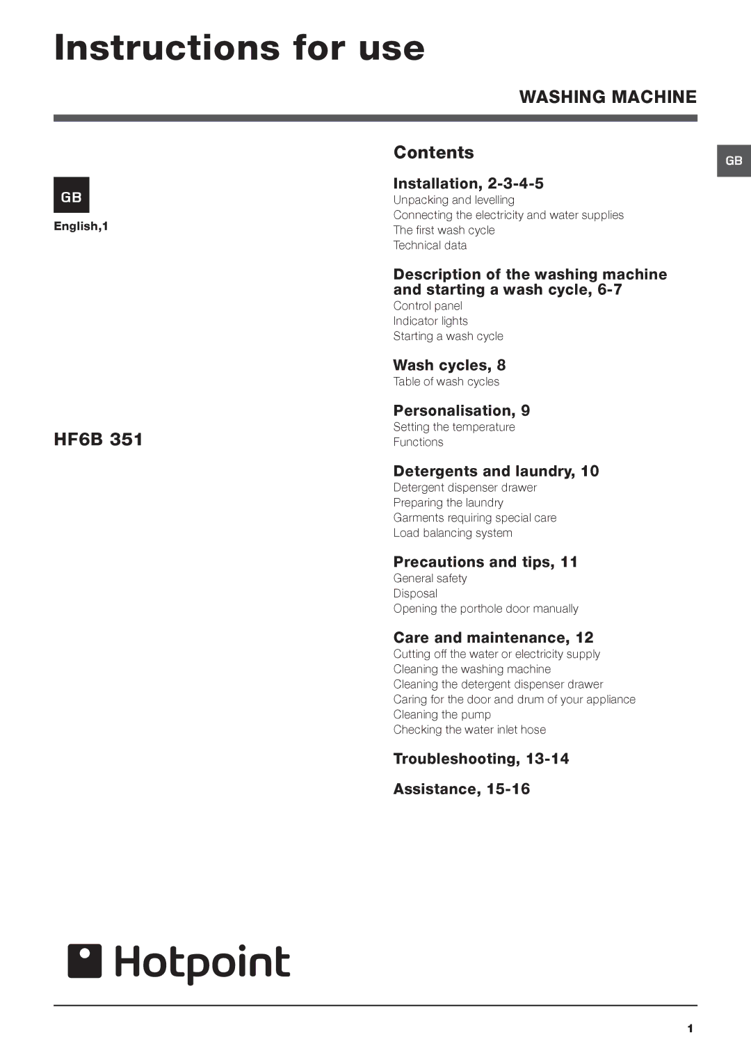 Hotpoint HF6B 351 manual Instructions for use, Contents 