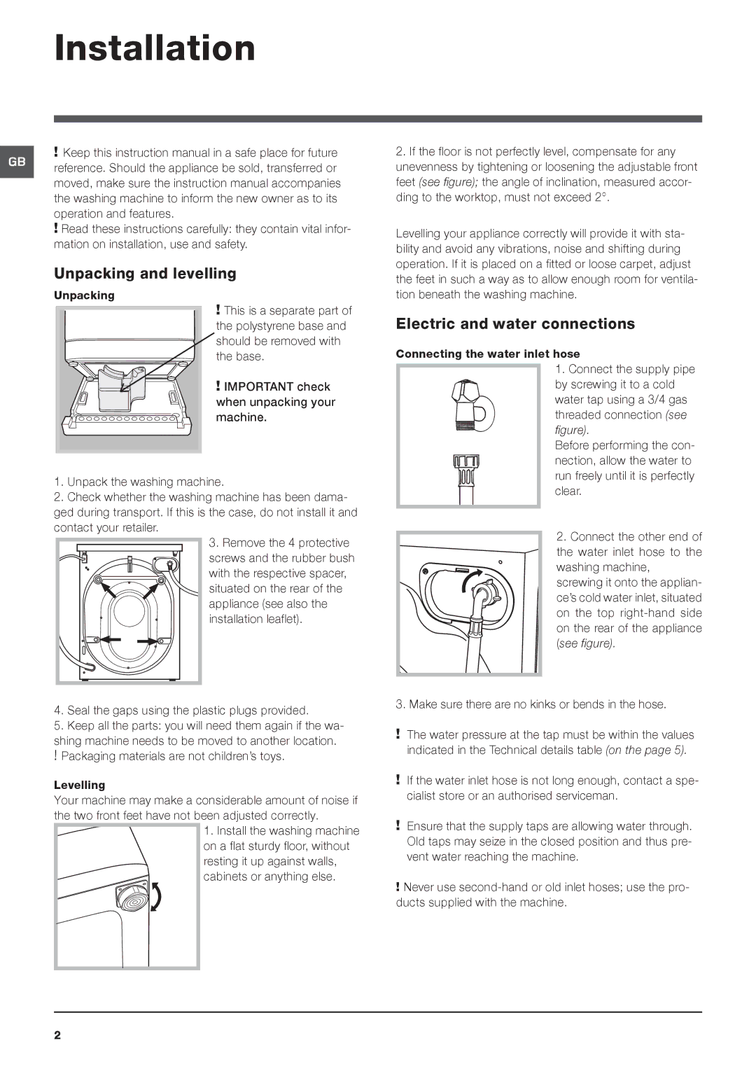 Hotpoint HF6B 351 manual Installation, Unpacking and levelling, Electric and water connections 