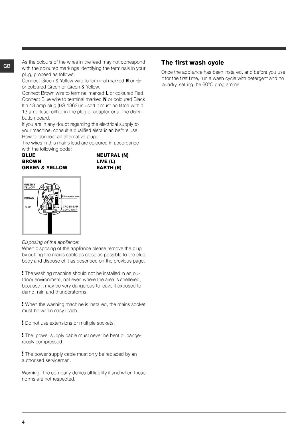 Hotpoint HF6B 351 manual First wash cycle, Bution board, How to connect an alternative plug, With the following code 