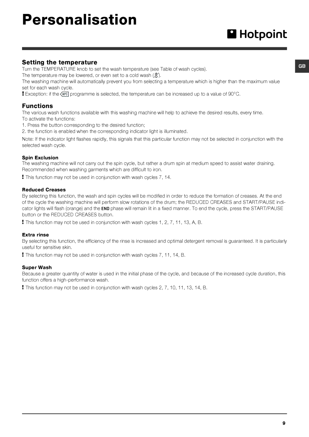 Hotpoint HF6B 351 manual Personalisation, Setting the temperature, Functions 