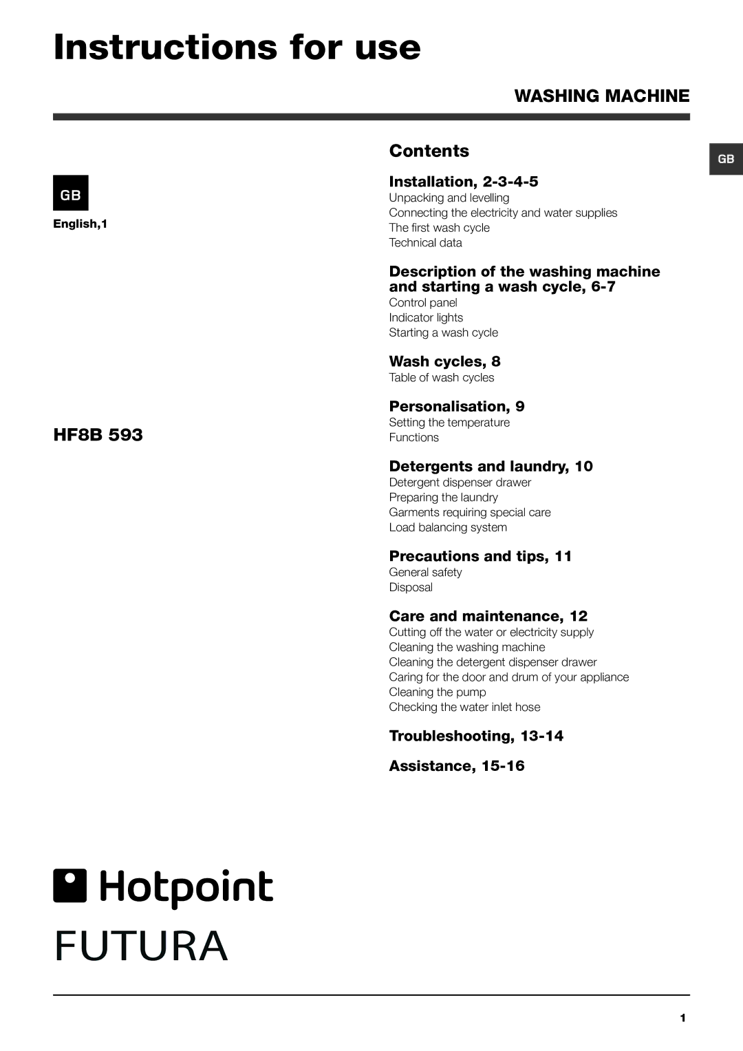 Hotpoint HF8B 593 manual Instructions for use, Contents 