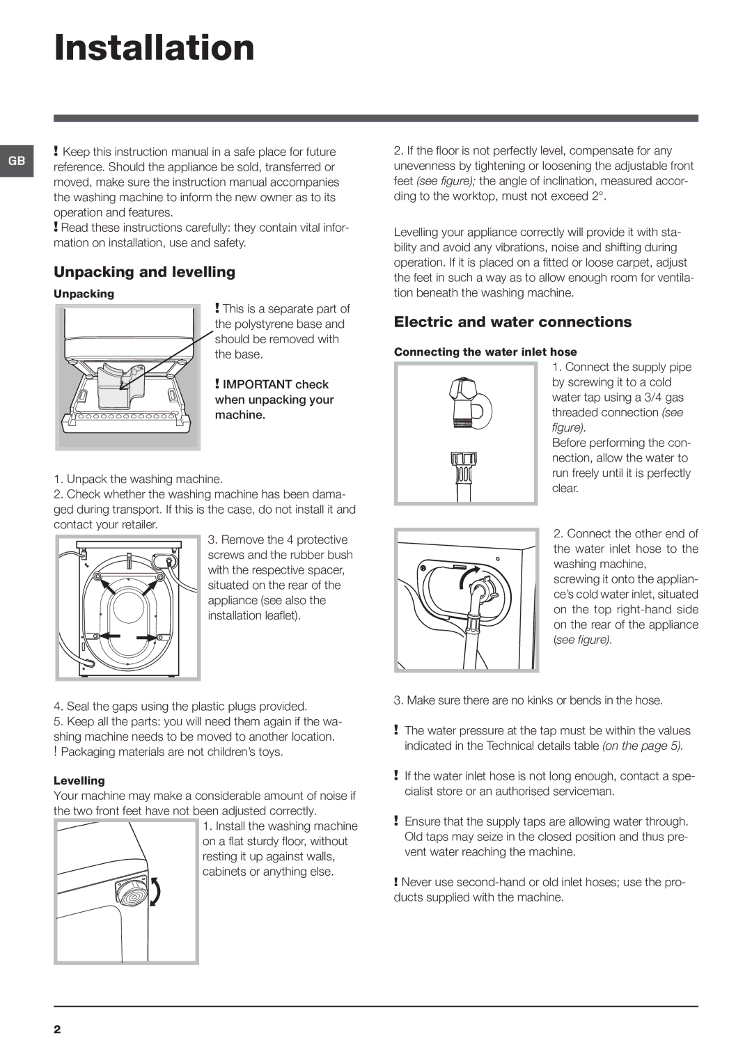 Hotpoint HF8B 593 manual Installation, Unpacking and levelling, Electric and water connections 