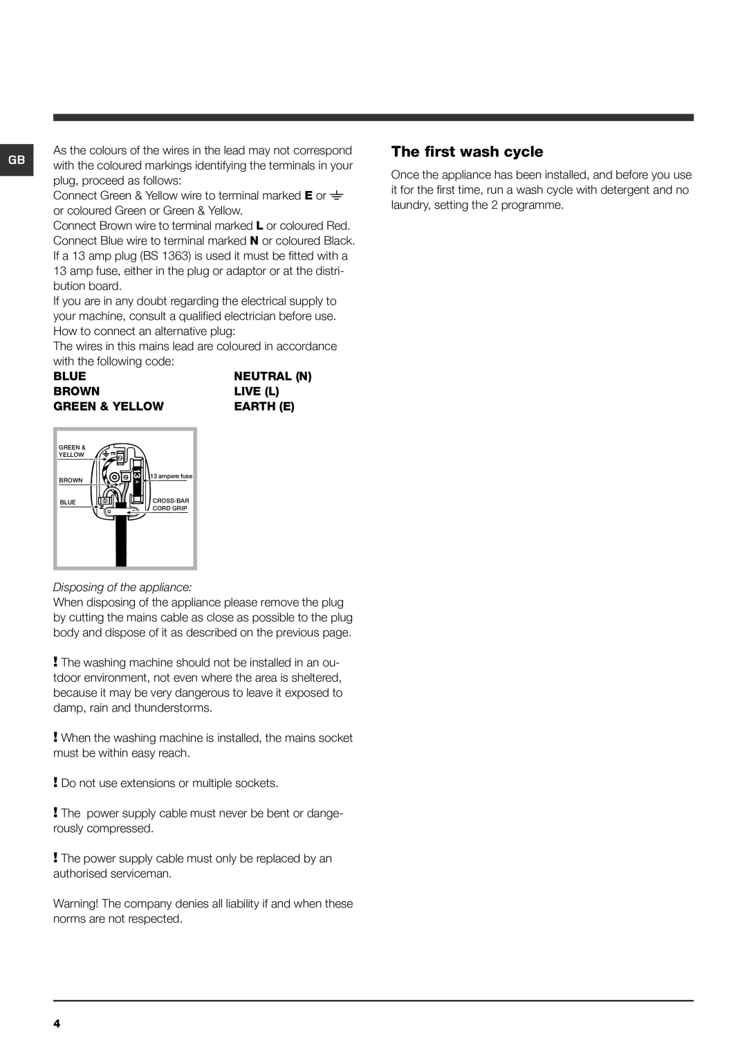 Hotpoint HF8B 593 manual First wash cycle, Bution board, How to connect an alternative plug, With the following code 