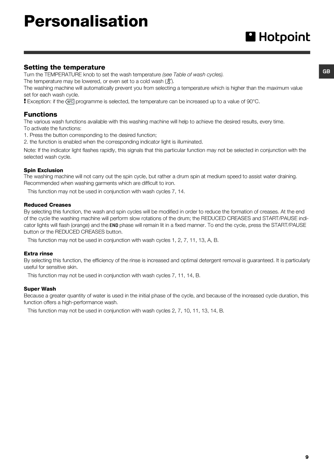 Hotpoint HF8B 593 manual Personalisation, Setting the temperature, Functions 