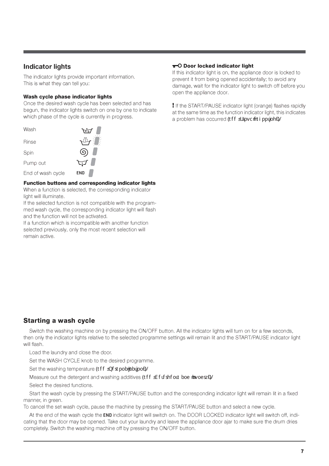 Hotpoint HF8B manual Indicator lights, Starting a wash cycle 