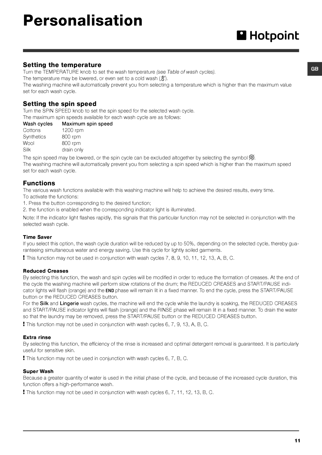 Hotpoint HFEL 521 manual Personalisation, Setting the temperature, Setting the spin speed, Functions 