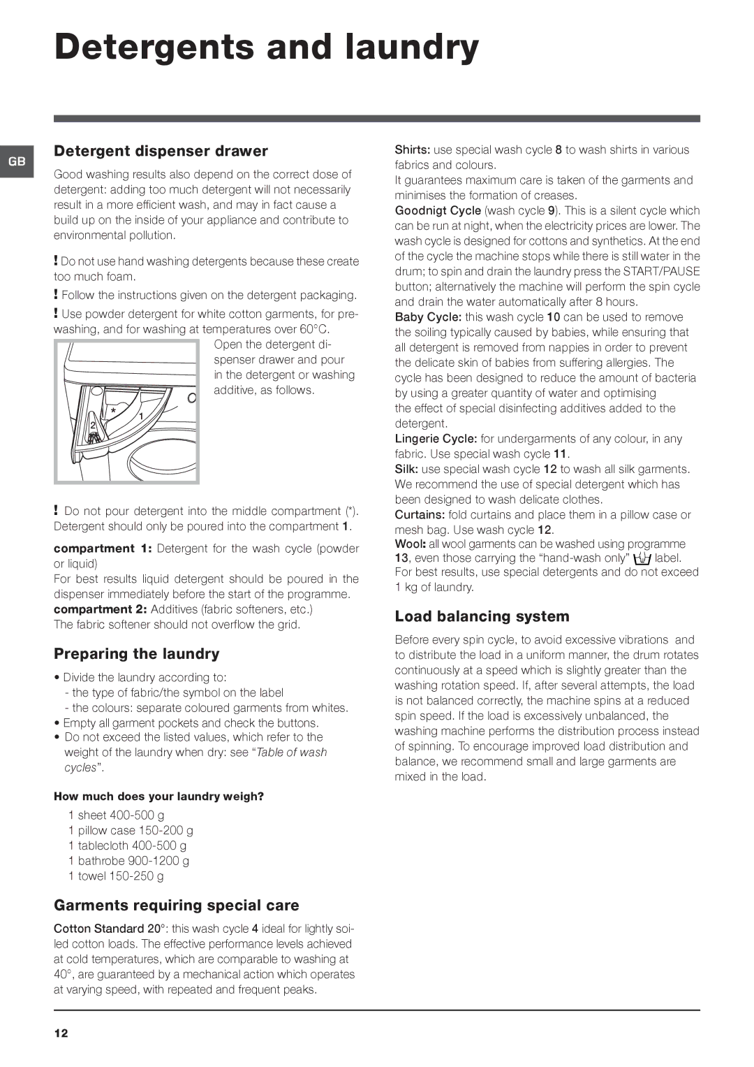 Hotpoint HFEL 521 manual Detergents and laundry, Detergent dispenser drawer, Preparing the laundry, Load balancing system 