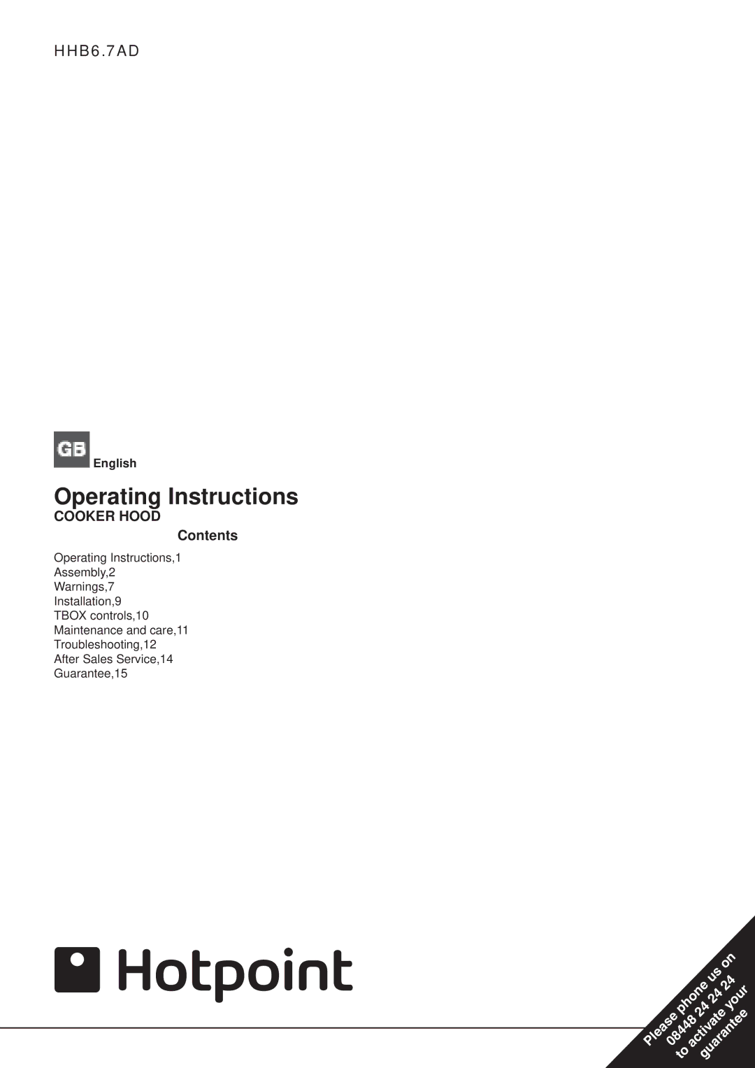 Hotpoint HHB6.7AD manual Operating Instructions, Cooker Hood 